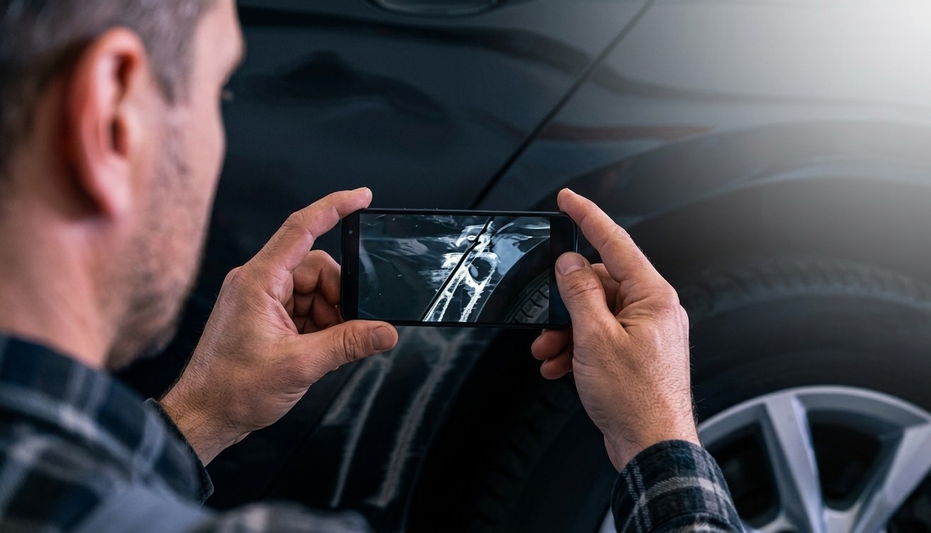 Rental agent documenting vehicle damage with phone